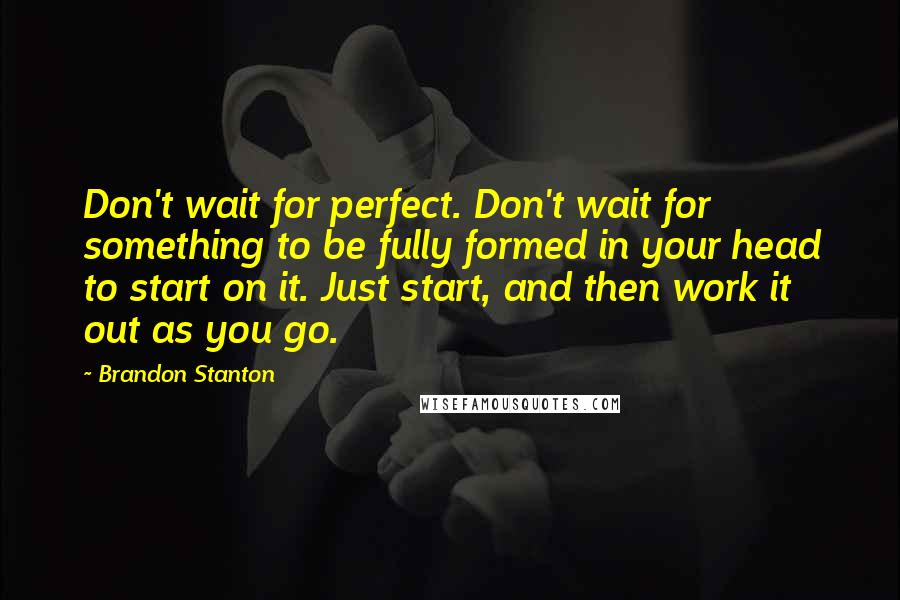 Brandon Stanton Quotes: Don't wait for perfect. Don't wait for something to be fully formed in your head to start on it. Just start, and then work it out as you go.