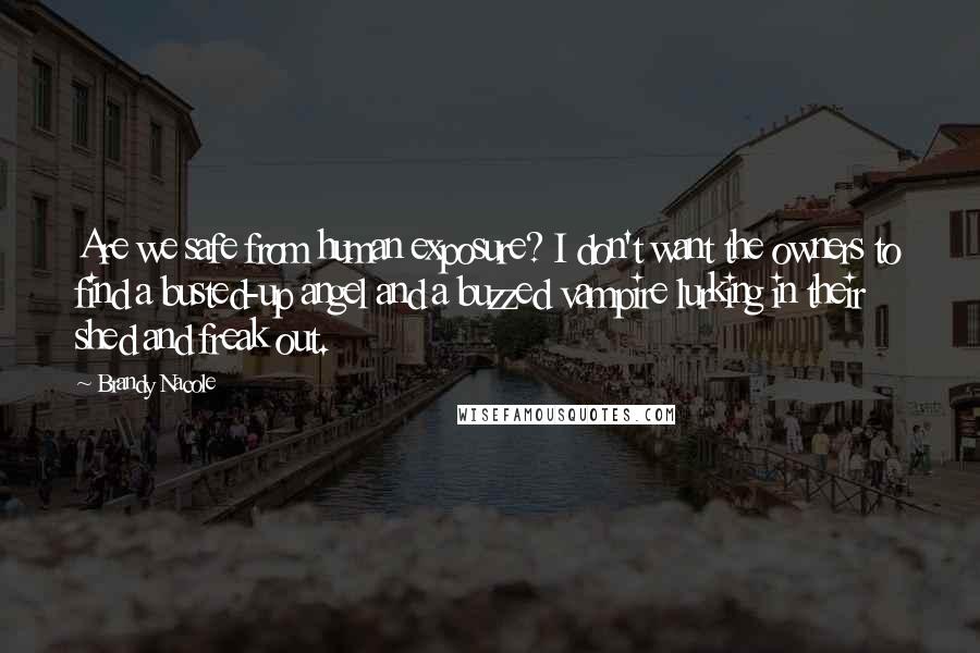 Brandy Nacole Quotes: Are we safe from human exposure? I don't want the owners to find a busted-up angel and a buzzed vampire lurking in their shed and freak out.