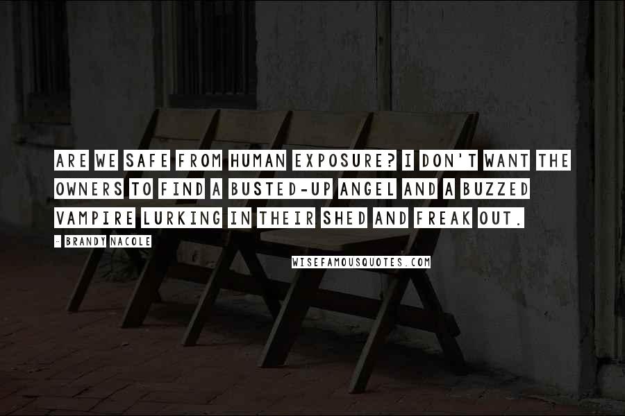 Brandy Nacole Quotes: Are we safe from human exposure? I don't want the owners to find a busted-up angel and a buzzed vampire lurking in their shed and freak out.