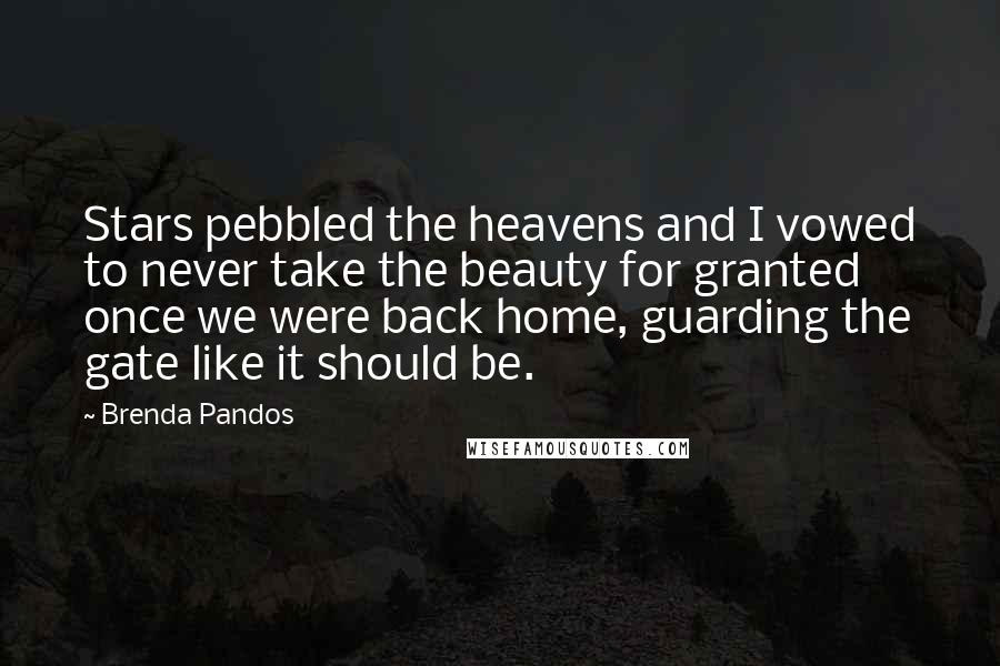 Brenda Pandos Quotes: Stars pebbled the heavens and I vowed to never take the beauty for granted once we were back home, guarding the gate like it should be.