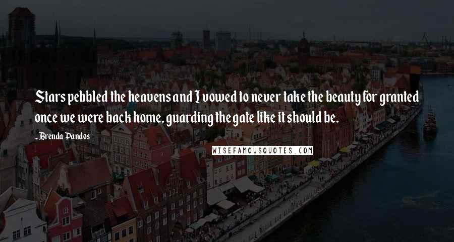 Brenda Pandos Quotes: Stars pebbled the heavens and I vowed to never take the beauty for granted once we were back home, guarding the gate like it should be.