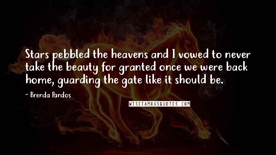 Brenda Pandos Quotes: Stars pebbled the heavens and I vowed to never take the beauty for granted once we were back home, guarding the gate like it should be.