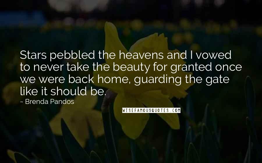 Brenda Pandos Quotes: Stars pebbled the heavens and I vowed to never take the beauty for granted once we were back home, guarding the gate like it should be.