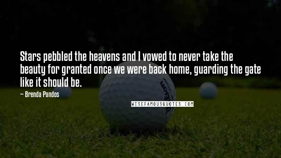 Brenda Pandos Quotes: Stars pebbled the heavens and I vowed to never take the beauty for granted once we were back home, guarding the gate like it should be.