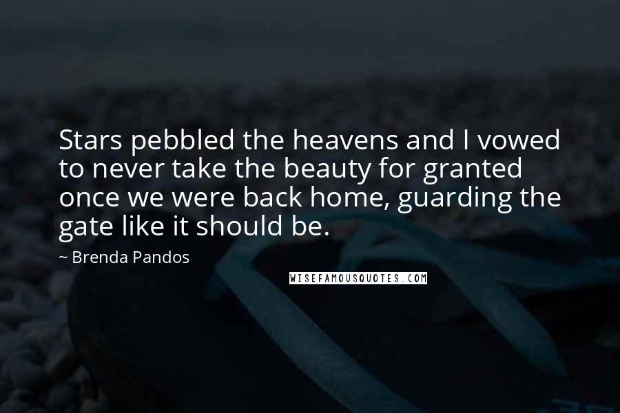 Brenda Pandos Quotes: Stars pebbled the heavens and I vowed to never take the beauty for granted once we were back home, guarding the gate like it should be.
