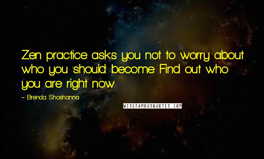 Brenda Shoshanna Quotes: Zen practice asks you not to worry about who you 'should' become. Find out who you are right now.