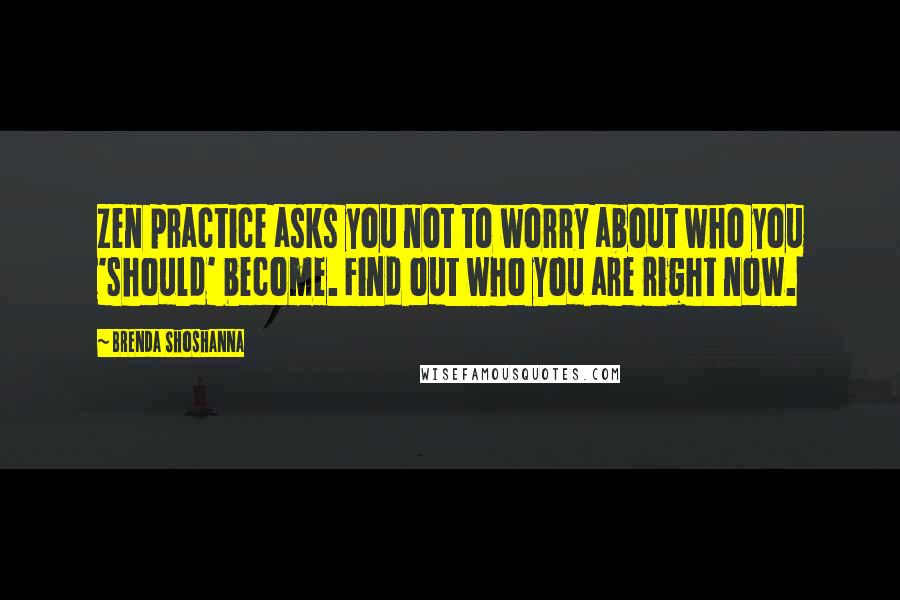 Brenda Shoshanna Quotes: Zen practice asks you not to worry about who you 'should' become. Find out who you are right now.