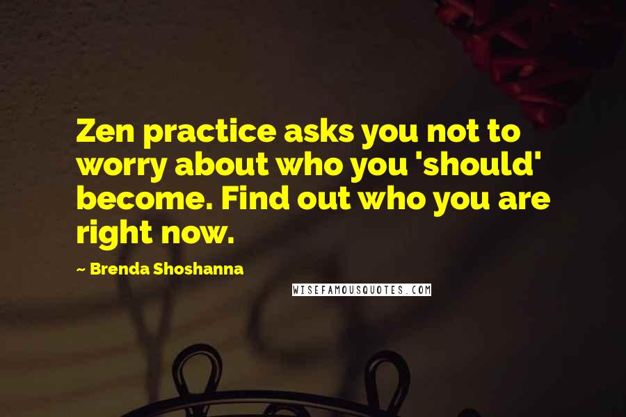 Brenda Shoshanna Quotes: Zen practice asks you not to worry about who you 'should' become. Find out who you are right now.