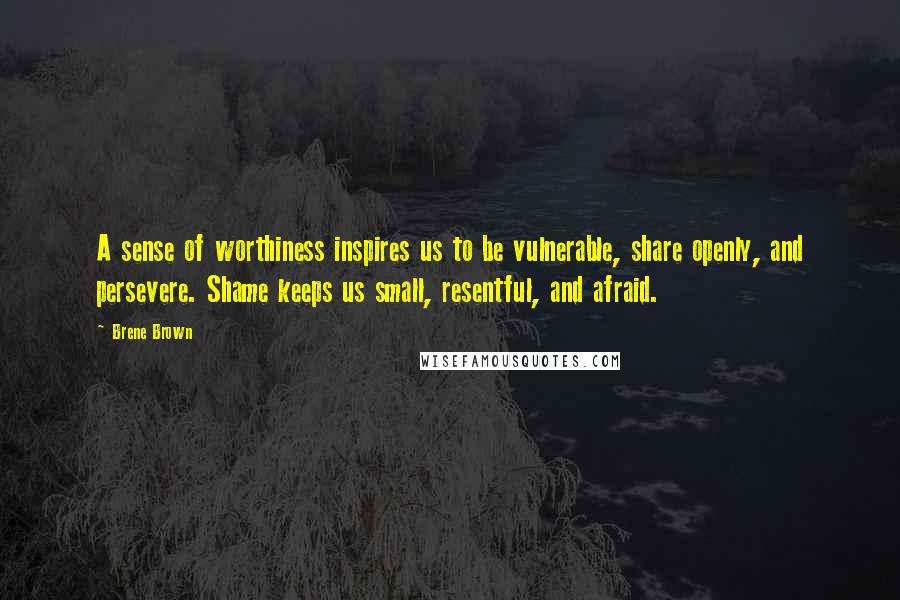 Brene Brown Quotes: A sense of worthiness inspires us to be vulnerable, share openly, and persevere. Shame keeps us small, resentful, and afraid.