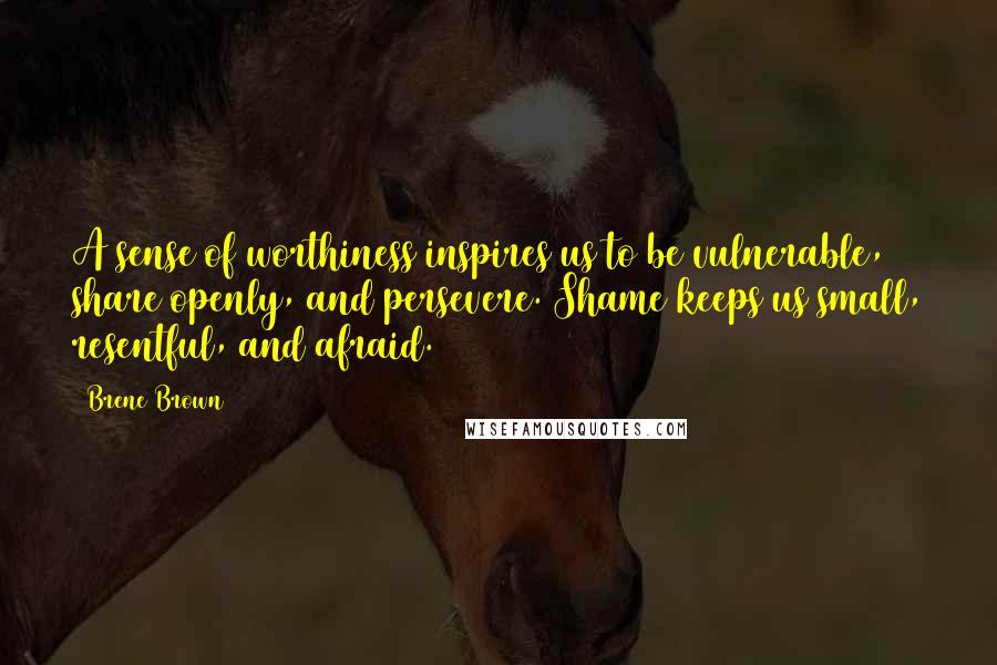 Brene Brown Quotes: A sense of worthiness inspires us to be vulnerable, share openly, and persevere. Shame keeps us small, resentful, and afraid.