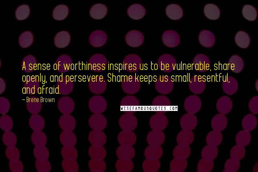 Brene Brown Quotes: A sense of worthiness inspires us to be vulnerable, share openly, and persevere. Shame keeps us small, resentful, and afraid.