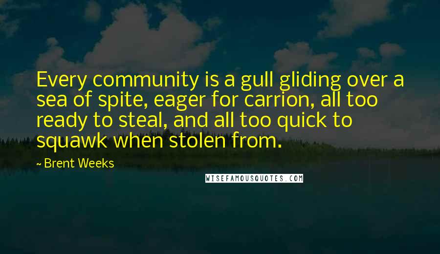 Brent Weeks Quotes: Every community is a gull gliding over a sea of spite, eager for carrion, all too ready to steal, and all too quick to squawk when stolen from.