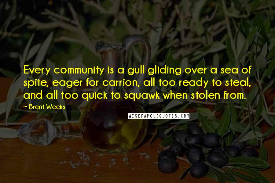 Brent Weeks Quotes: Every community is a gull gliding over a sea of spite, eager for carrion, all too ready to steal, and all too quick to squawk when stolen from.