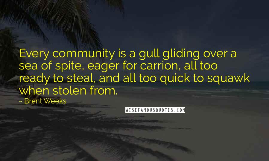 Brent Weeks Quotes: Every community is a gull gliding over a sea of spite, eager for carrion, all too ready to steal, and all too quick to squawk when stolen from.