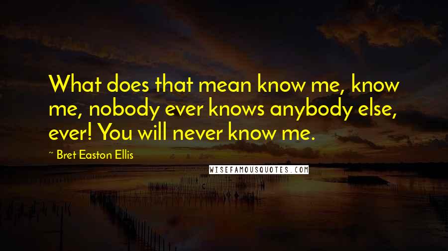 Bret Easton Ellis Quotes: What does that mean know me, know me, nobody ever knows anybody else, ever! You will never know me.