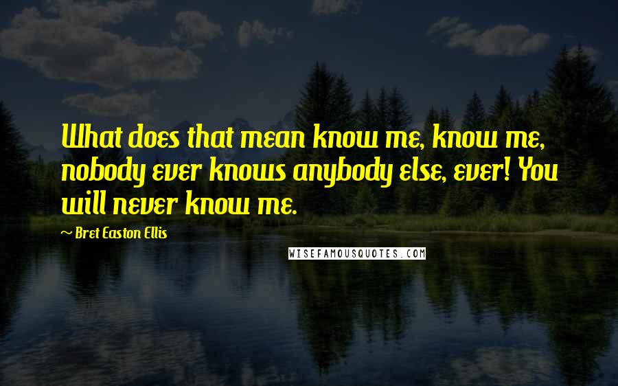 Bret Easton Ellis Quotes: What does that mean know me, know me, nobody ever knows anybody else, ever! You will never know me.