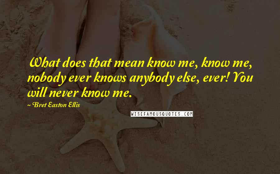 Bret Easton Ellis Quotes: What does that mean know me, know me, nobody ever knows anybody else, ever! You will never know me.