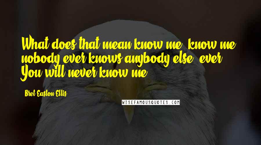 Bret Easton Ellis Quotes: What does that mean know me, know me, nobody ever knows anybody else, ever! You will never know me.