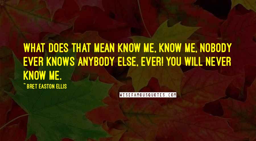 Bret Easton Ellis Quotes: What does that mean know me, know me, nobody ever knows anybody else, ever! You will never know me.