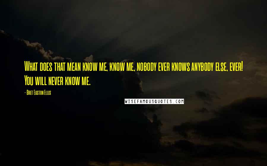 Bret Easton Ellis Quotes: What does that mean know me, know me, nobody ever knows anybody else, ever! You will never know me.