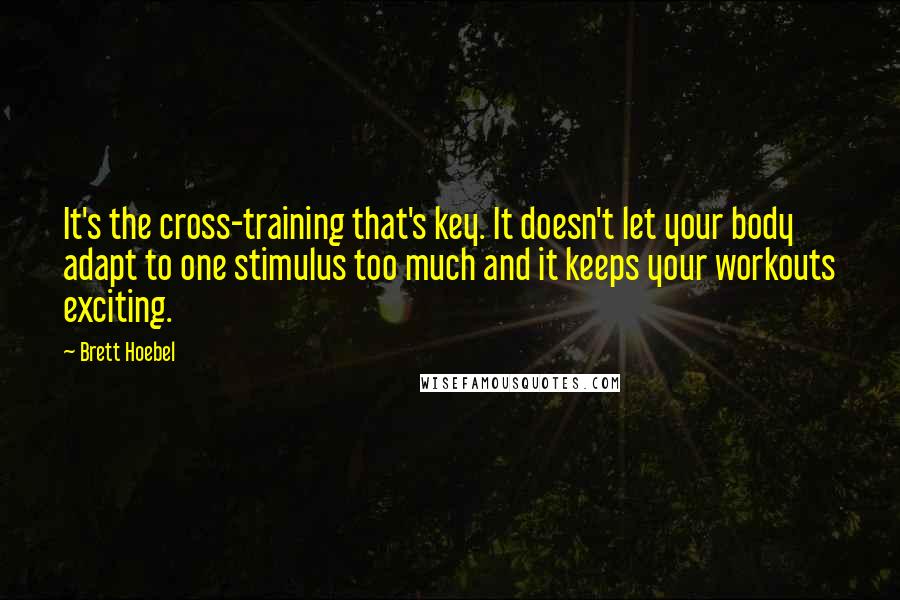 Brett Hoebel Quotes: It's the cross-training that's key. It doesn't let your body adapt to one stimulus too much and it keeps your workouts exciting.