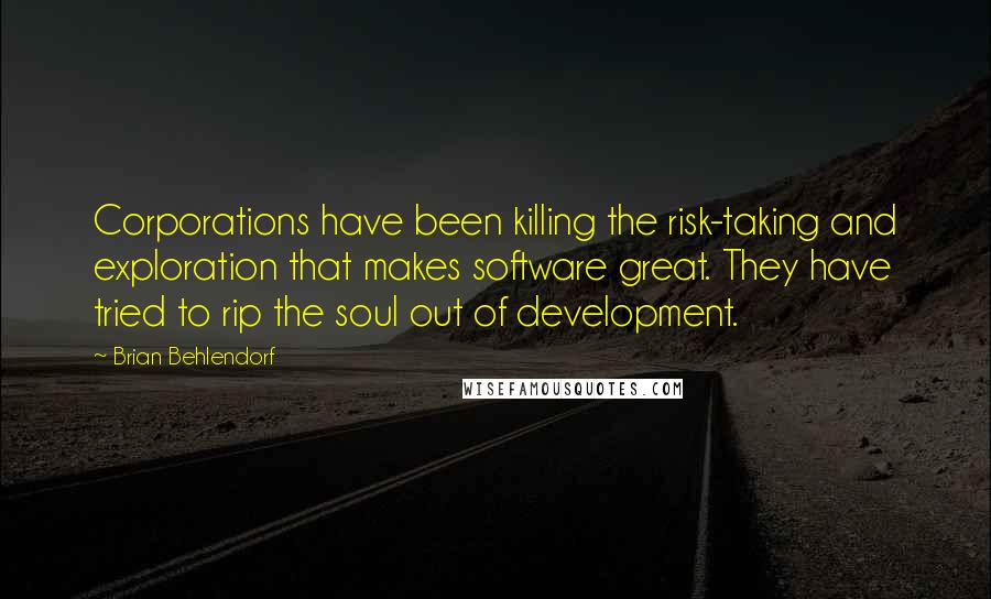 Brian Behlendorf Quotes: Corporations have been killing the risk-taking and exploration that makes software great. They have tried to rip the soul out of development.