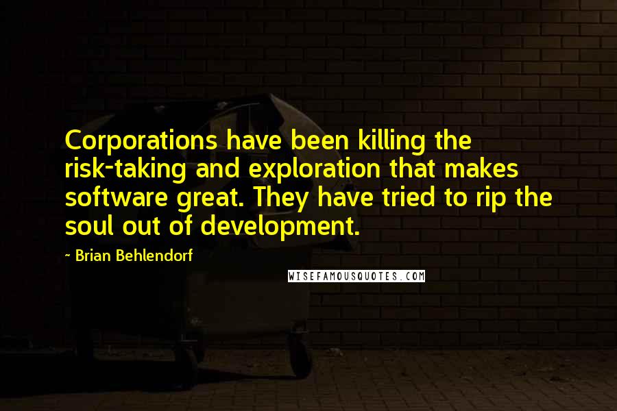 Brian Behlendorf Quotes: Corporations have been killing the risk-taking and exploration that makes software great. They have tried to rip the soul out of development.