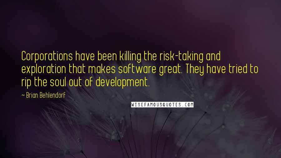 Brian Behlendorf Quotes: Corporations have been killing the risk-taking and exploration that makes software great. They have tried to rip the soul out of development.