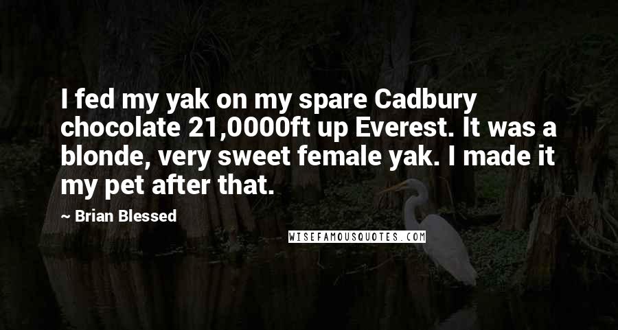 Brian Blessed Quotes: I fed my yak on my spare Cadbury chocolate 21,0000ft up Everest. It was a blonde, very sweet female yak. I made it my pet after that.