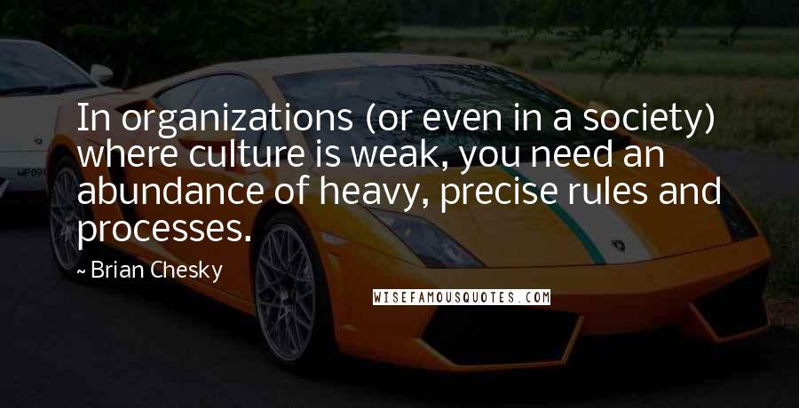 Brian Chesky Quotes: In organizations (or even in a society) where culture is weak, you need an abundance of heavy, precise rules and processes.