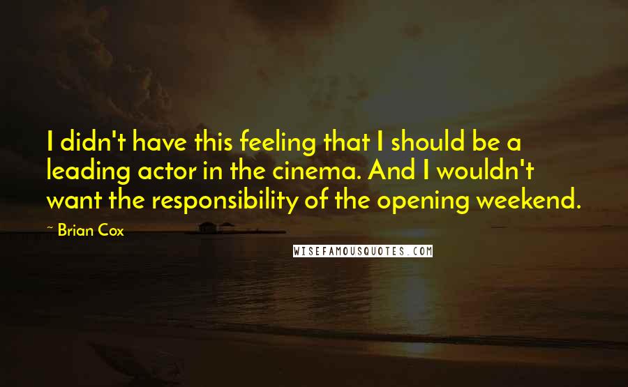 Brian Cox Quotes: I didn't have this feeling that I should be a leading actor in the cinema. And I wouldn't want the responsibility of the opening weekend.