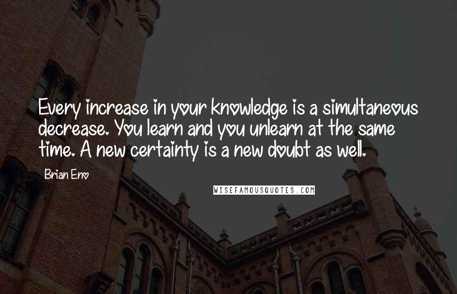 Brian Eno Quotes: Every increase in your knowledge is a simultaneous decrease. You learn and you unlearn at the same time. A new certainty is a new doubt as well.