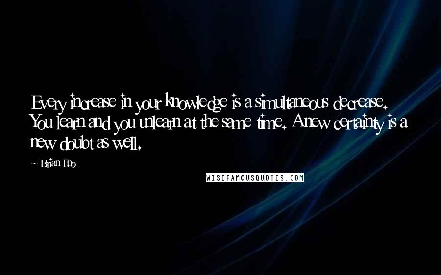 Brian Eno Quotes: Every increase in your knowledge is a simultaneous decrease. You learn and you unlearn at the same time. A new certainty is a new doubt as well.