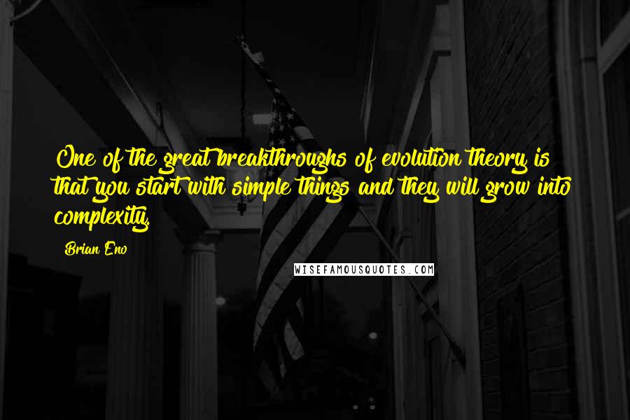 Brian Eno Quotes: One of the great breakthroughs of evolution theory is that you start with simple things and they will grow into complexity.