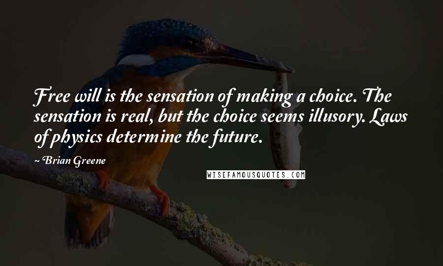 Brian Greene Quotes: Free will is the sensation of making a choice. The sensation is real, but the choice seems illusory. Laws of physics determine the future.