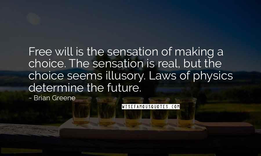 Brian Greene Quotes: Free will is the sensation of making a choice. The sensation is real, but the choice seems illusory. Laws of physics determine the future.