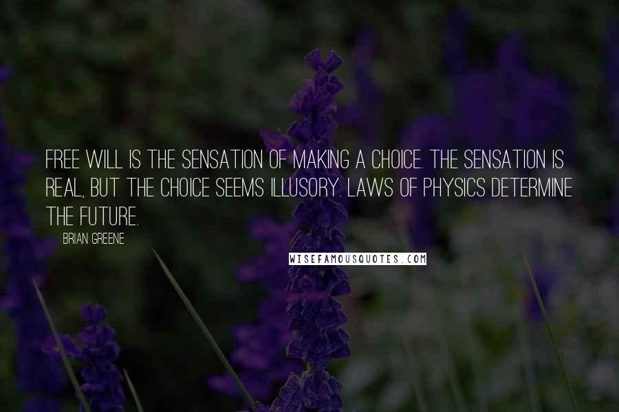 Brian Greene Quotes: Free will is the sensation of making a choice. The sensation is real, but the choice seems illusory. Laws of physics determine the future.