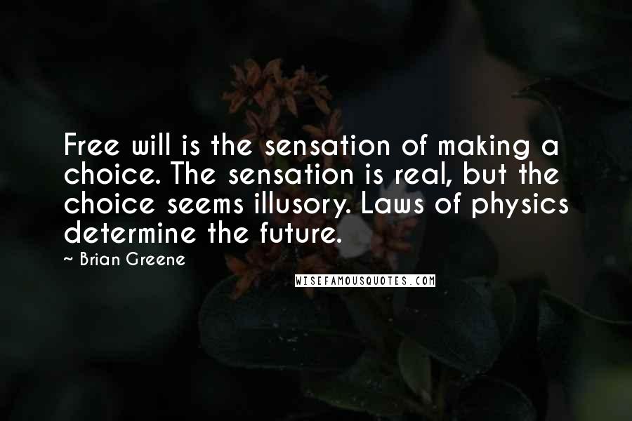 Brian Greene Quotes: Free will is the sensation of making a choice. The sensation is real, but the choice seems illusory. Laws of physics determine the future.