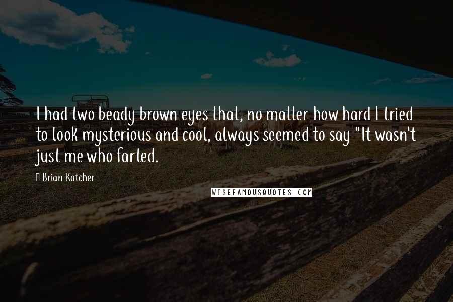 Brian Katcher Quotes: I had two beady brown eyes that, no matter how hard I tried to look mysterious and cool, always seemed to say "It wasn't just me who farted.