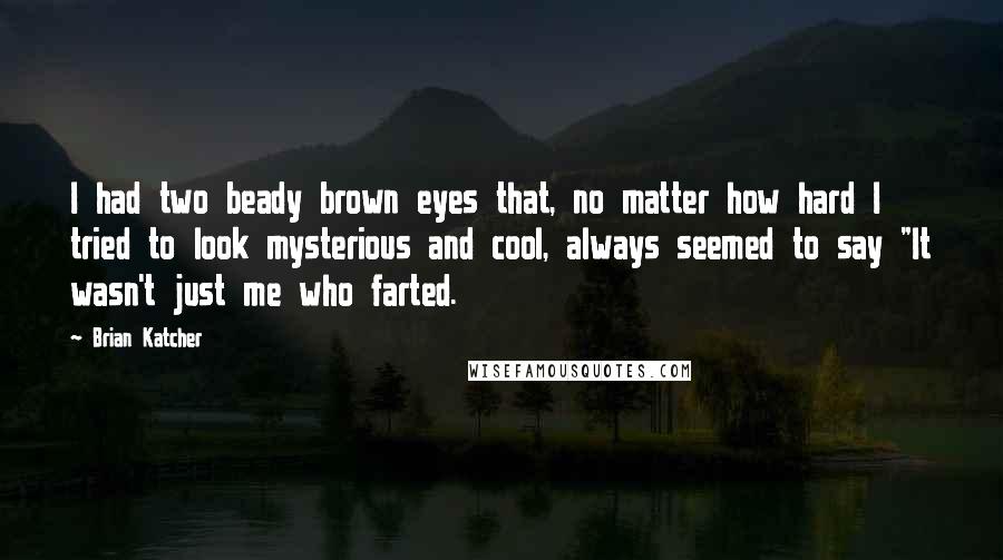 Brian Katcher Quotes: I had two beady brown eyes that, no matter how hard I tried to look mysterious and cool, always seemed to say "It wasn't just me who farted.