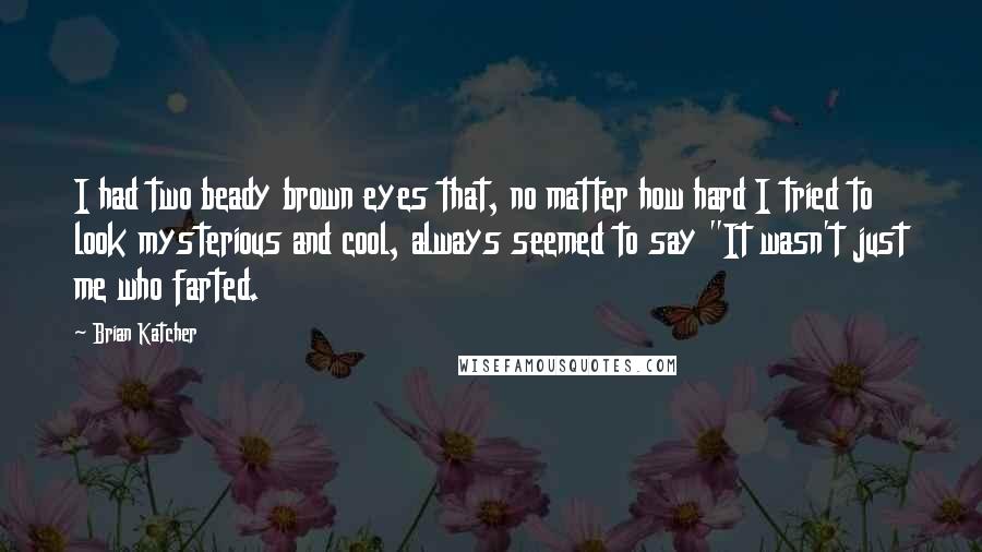 Brian Katcher Quotes: I had two beady brown eyes that, no matter how hard I tried to look mysterious and cool, always seemed to say "It wasn't just me who farted.