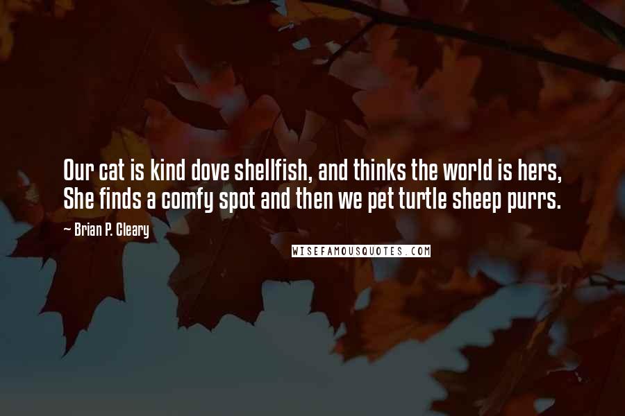 Brian P. Cleary Quotes: Our cat is kind dove shellfish, and thinks the world is hers, She finds a comfy spot and then we pet turtle sheep purrs.