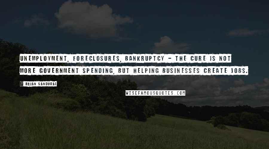 Brian Sandoval Quotes: Unemployment, foreclosures, bankruptcy - the cure is not more government spending, but helping businesses create jobs.