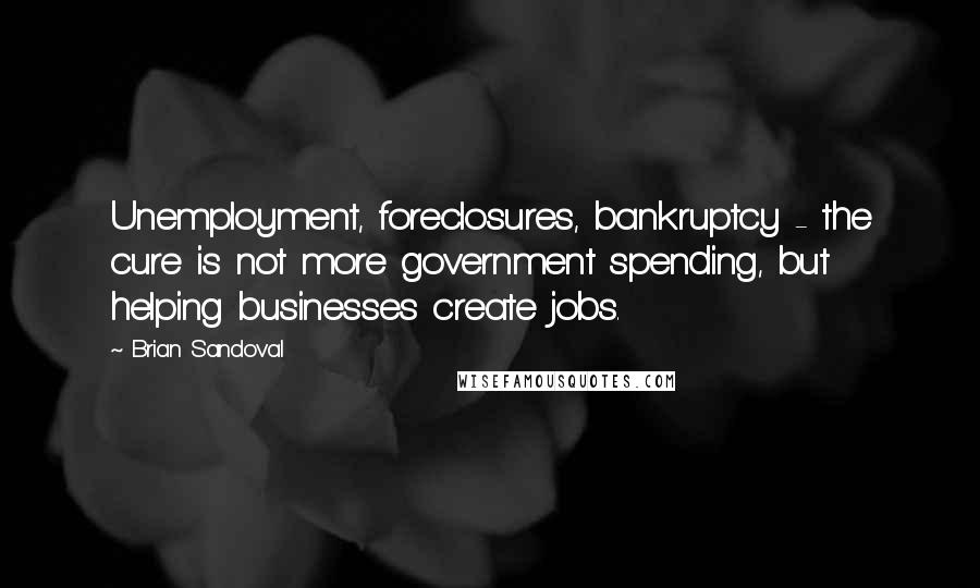 Brian Sandoval Quotes: Unemployment, foreclosures, bankruptcy - the cure is not more government spending, but helping businesses create jobs.