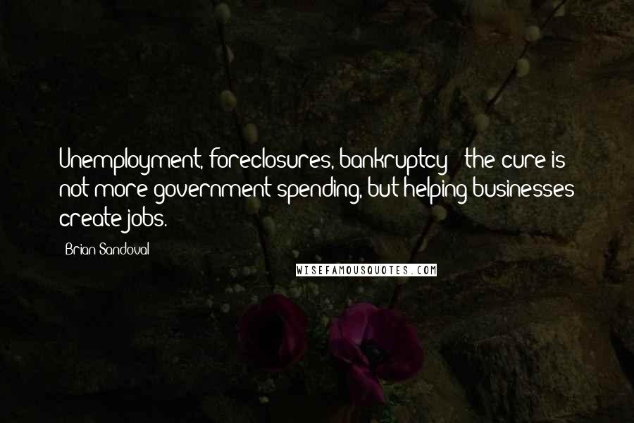 Brian Sandoval Quotes: Unemployment, foreclosures, bankruptcy - the cure is not more government spending, but helping businesses create jobs.