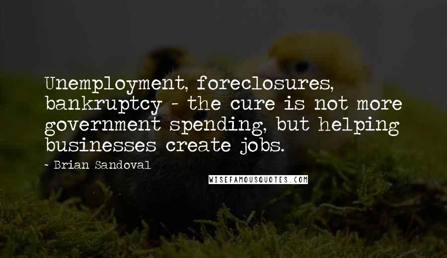 Brian Sandoval Quotes: Unemployment, foreclosures, bankruptcy - the cure is not more government spending, but helping businesses create jobs.