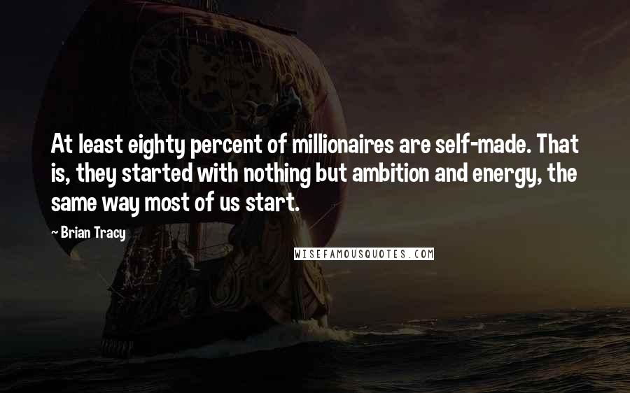 Brian Tracy Quotes: At least eighty percent of millionaires are self-made. That is, they started with nothing but ambition and energy, the same way most of us start.