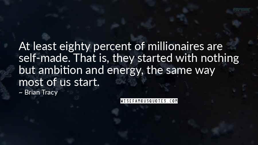 Brian Tracy Quotes: At least eighty percent of millionaires are self-made. That is, they started with nothing but ambition and energy, the same way most of us start.