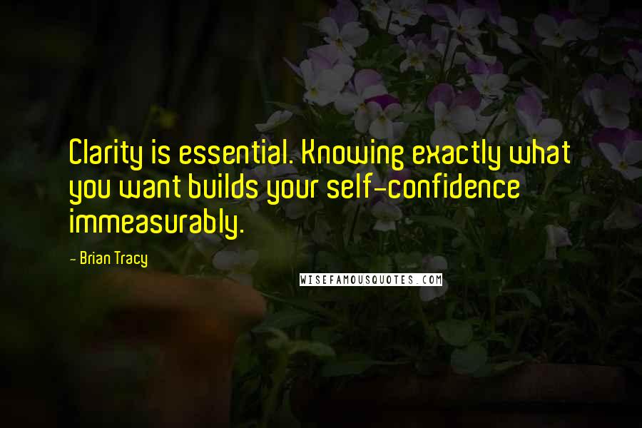 Brian Tracy Quotes: Clarity is essential. Knowing exactly what you want builds your self-confidence immeasurably.