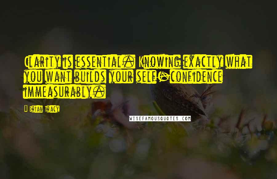 Brian Tracy Quotes: Clarity is essential. Knowing exactly what you want builds your self-confidence immeasurably.